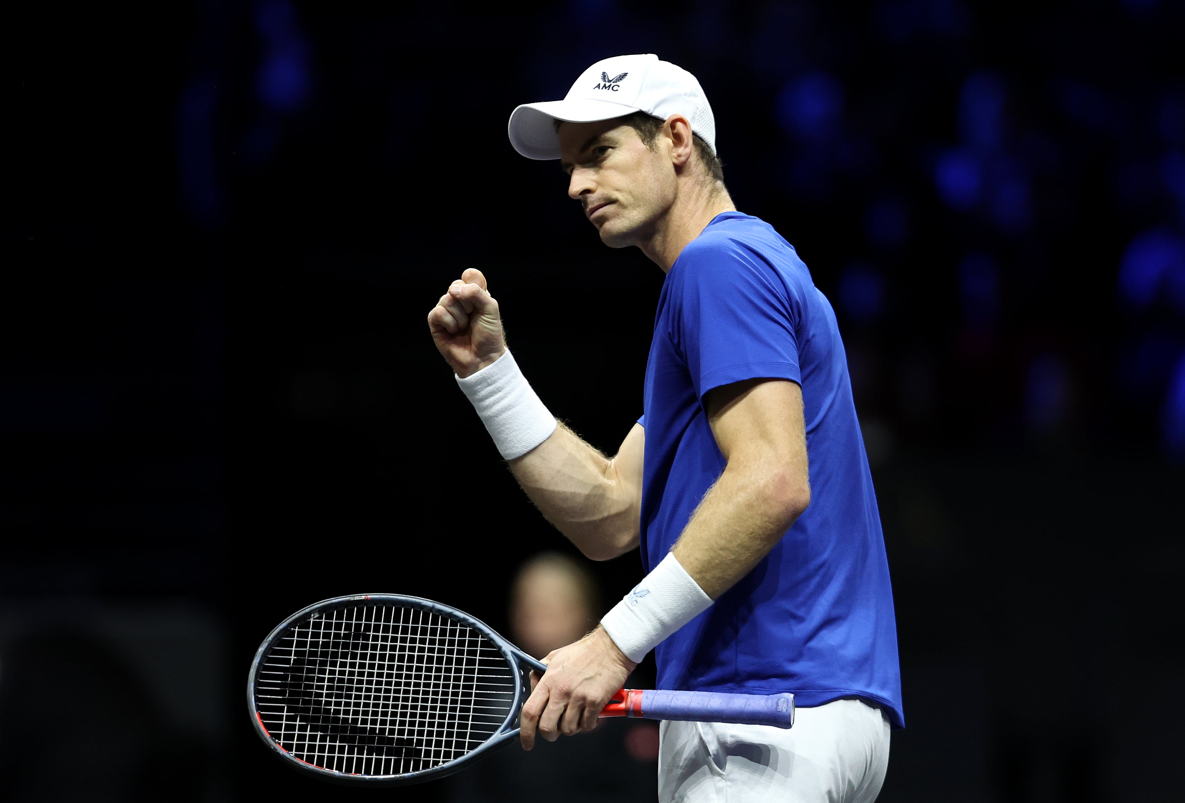 LONDON, ENGLAND - SEPTEMBER 25: Andy Murray of Team Europe celebrates a point during the match between Matteo Berrettini and Andy Murray of Team Europe and Felix Auger-Aliassime and Jack Sock of Team World during Day Three of the Laver Cup at The O2 Arena on September 25, 2022 in London, England. (Photo by Julian Finney/Getty Images for Laver Cup)