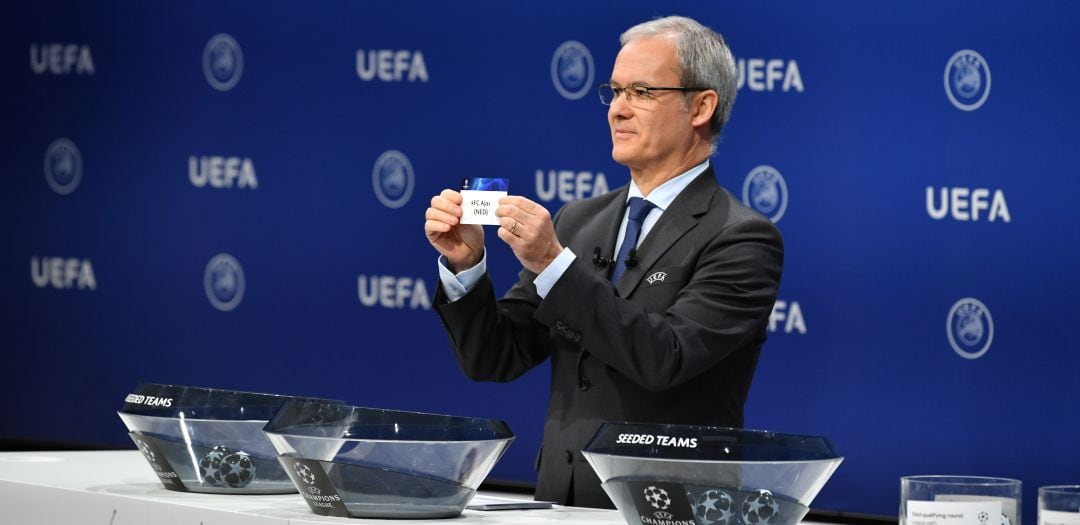 Giorgio Marchetti, durante el sorteo de la Champions League de una fase previa