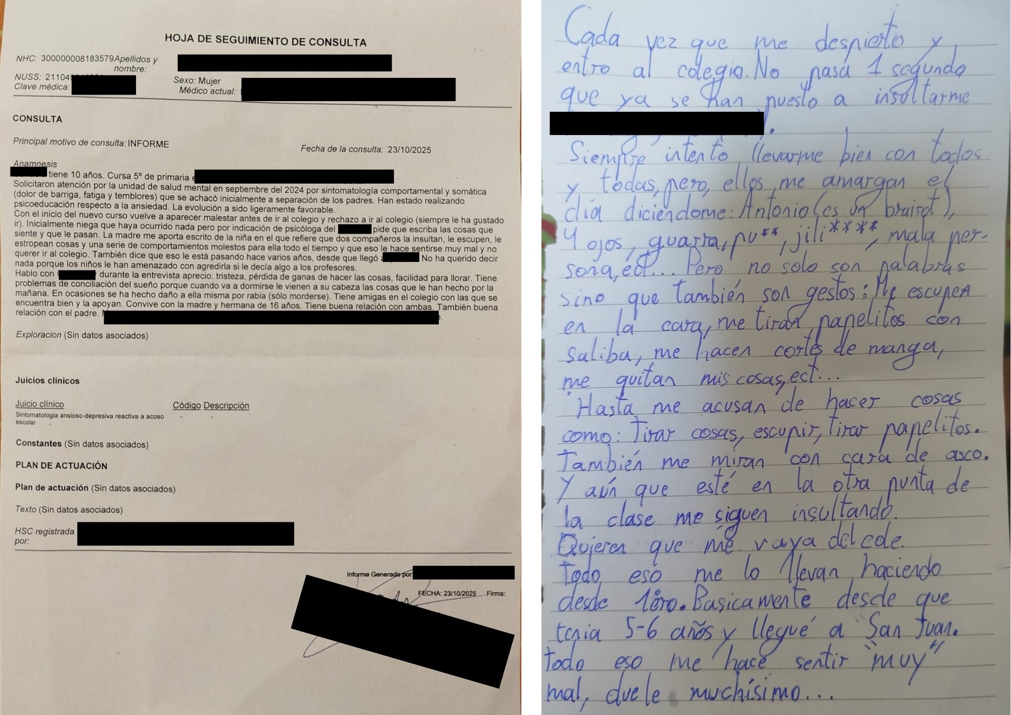 Informe médico y carta escrita por la niña