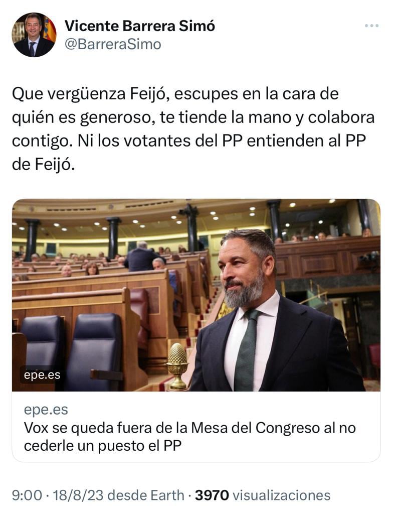 Tuit eliminado del vicepresidente valenciano en el que acusa a Feijóo de &quot;escupir en la cara de Vox&quot;.