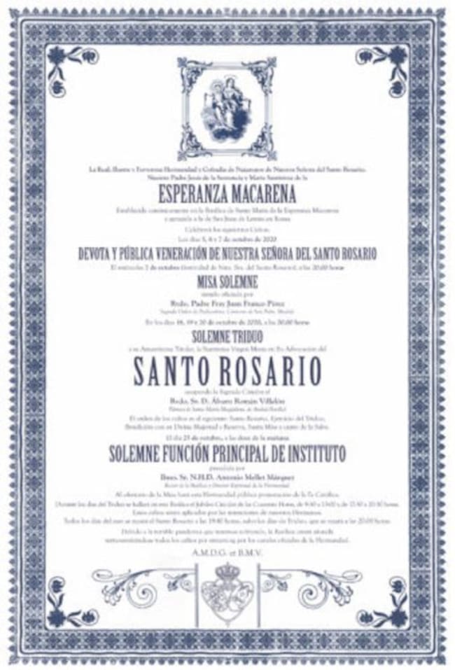 Convocatoria de cultos a la Virgen del Rosario