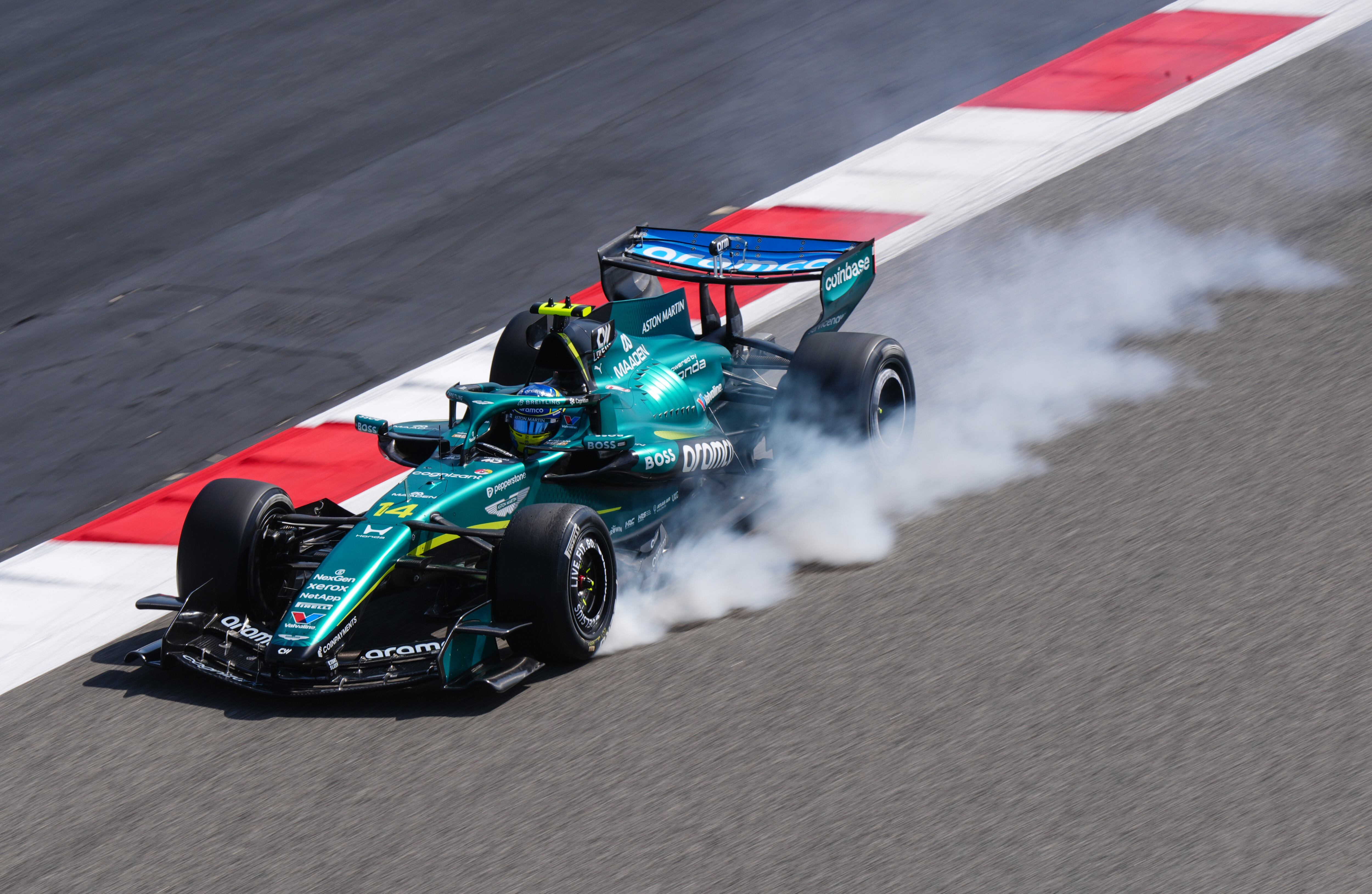 Aston Martin's Fernando Alonso locks up during day two of Formula One Aramco Pre-Season Testing at Bahrain International Circuit, Sakhir. Picture date: Thursday February 12, 2026. (Photo by Bradley Collyer/PA Images via Getty Images)