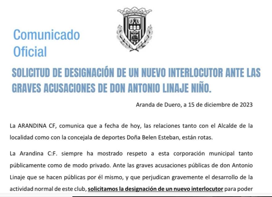 Comunicado de la Arandina en su página web