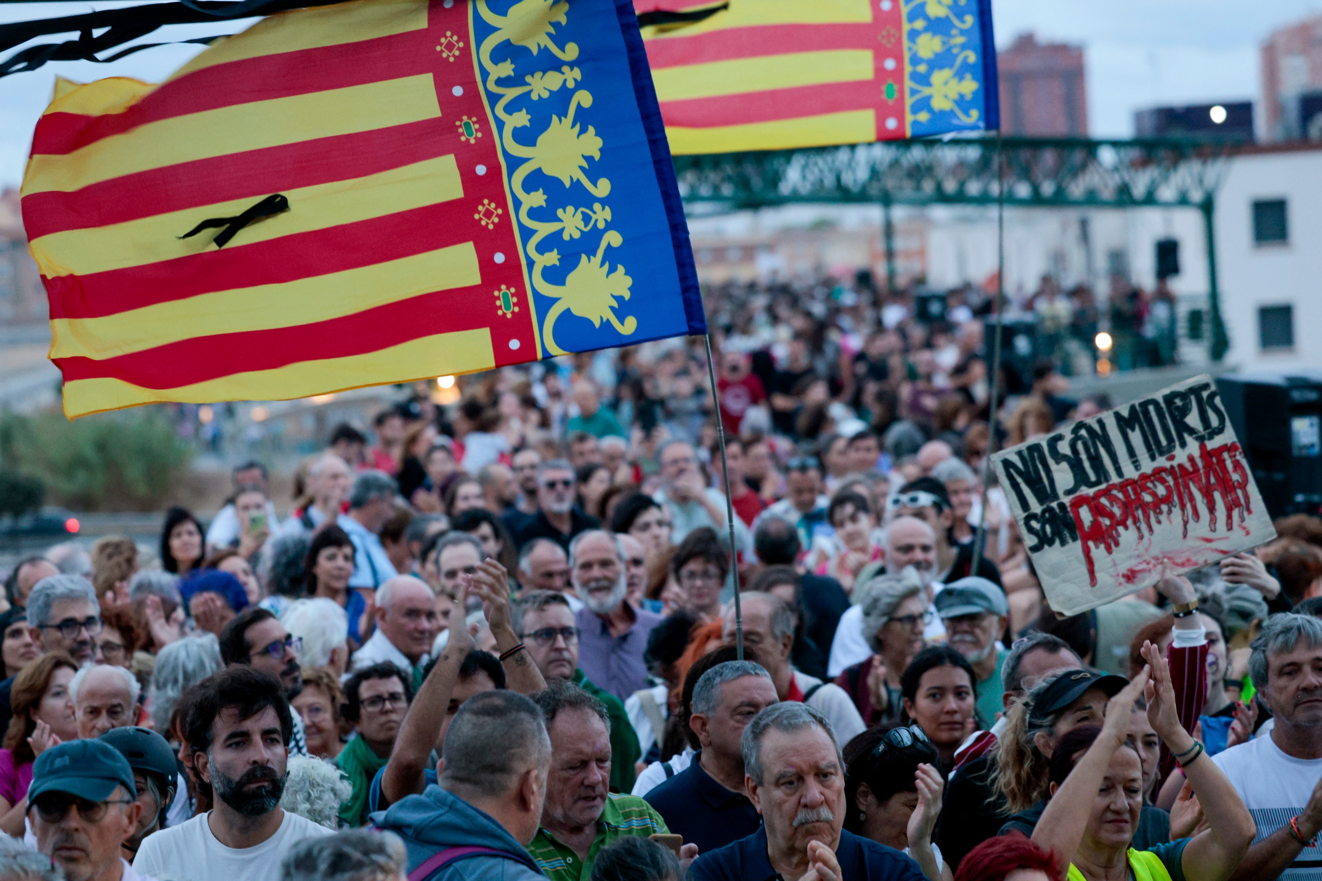 VALENCIA, 28/09/2025.- La úndécima manifestación contra el presidente de la Generalitat, Carlos Mazón, por su gestión de la dana del 29 de octubre de 2024 ha empezado con el inicio de dos marchas, una desde la residencia de personas mayores de Paiporta (Valencia) y la otra desde La Rambleta en la ciudad de València, que confluirán en el "Puente de la Solidaridad". En la imagen, la manifestación tras pasar por el 'Puente de la Solidaridad', en Valencia. EFE/Kai Forsterling