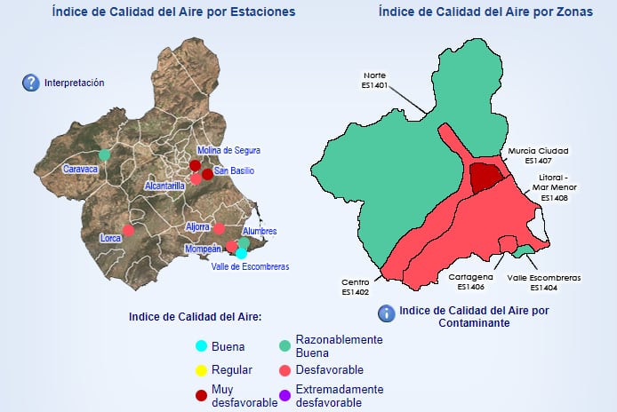 Calidad del aire en la Región de Murcia este sábado según el Sistema de Vigilancia de la Consejería de Medio Ambiente