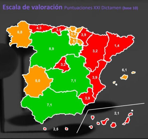 Mapa con la nota obtenida por la cada Comunidad en Atención a la Dependencia