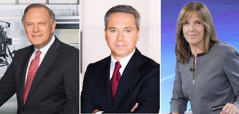 De izquierda a derecha: Pedro Piqueras (Mediaset), Vicente Vallés (Atresmedia) y Ana Blanco (TVE)