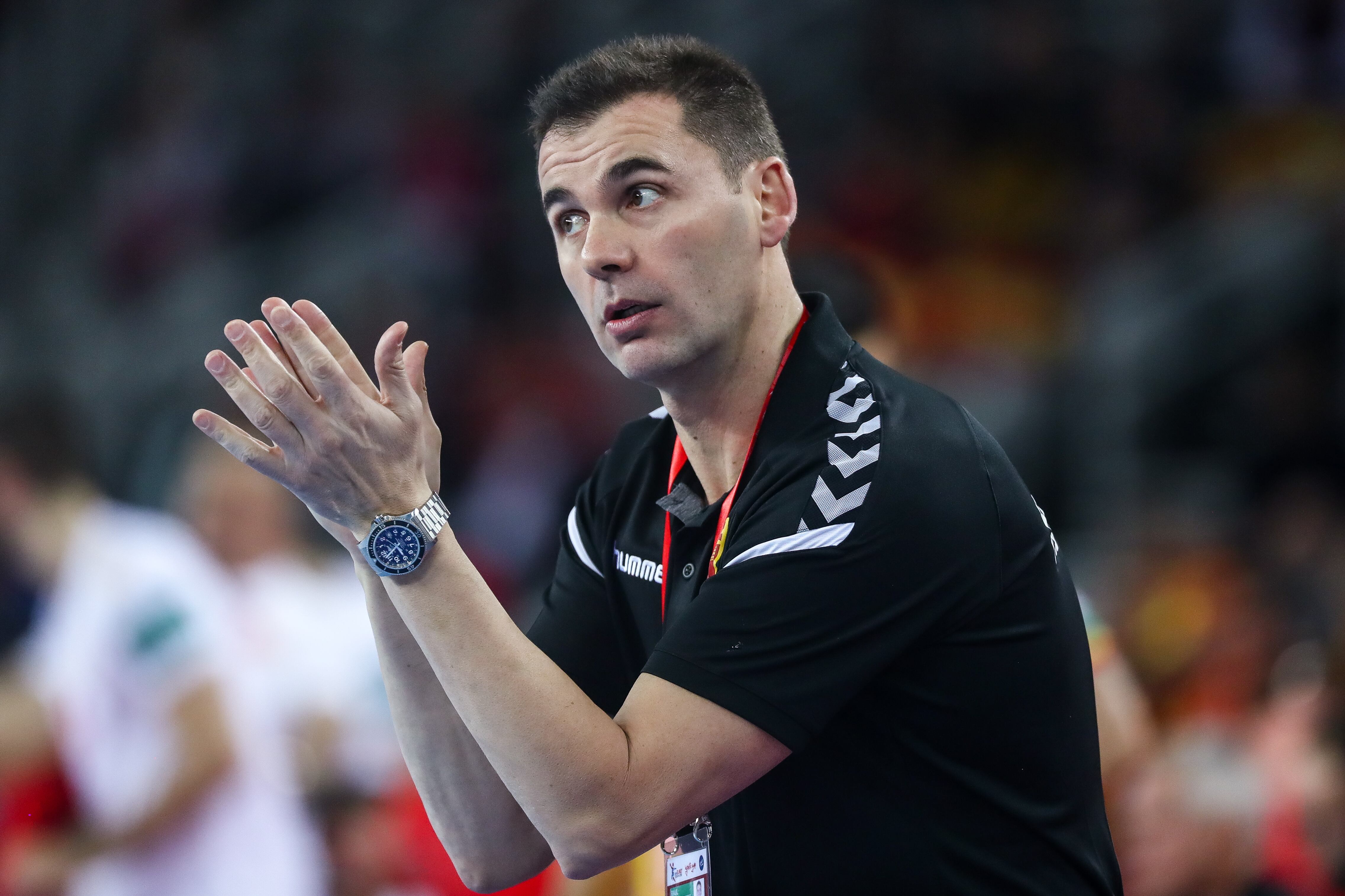 ZAGREB, CROATIA - JANUARY 15: Raul Gonzalez, Head Coach of Macedonia reacts during the Men's Handball European Championship Group C match between Montenegro and FYR Macedonia at Arena Zagreb on January 15, 2018 in Zagreb, Croatia. (Photo by Martin Rose/Bongarts/Getty Images)