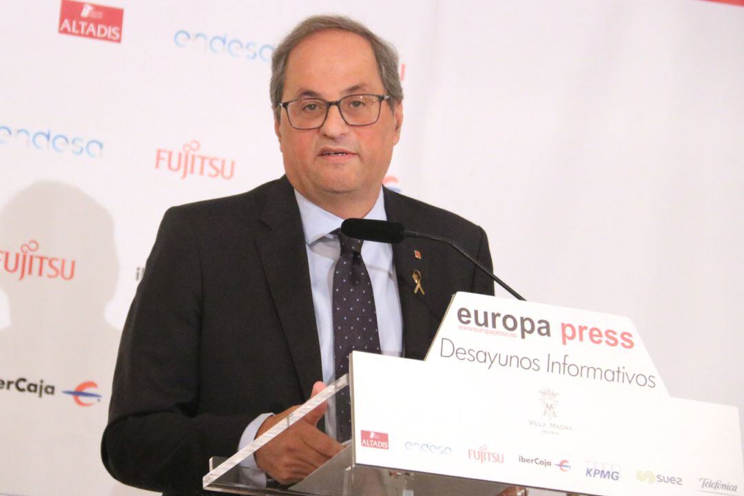 El &#039;president&#039; Quim Torra, durante la conferencia impartida este jueves en Madrid.