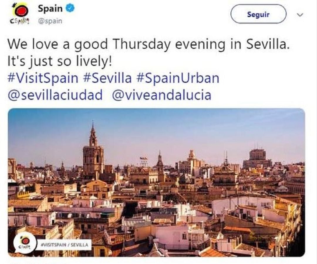 Tuit equivocado de Turespaña confundiendo València con Sevilla