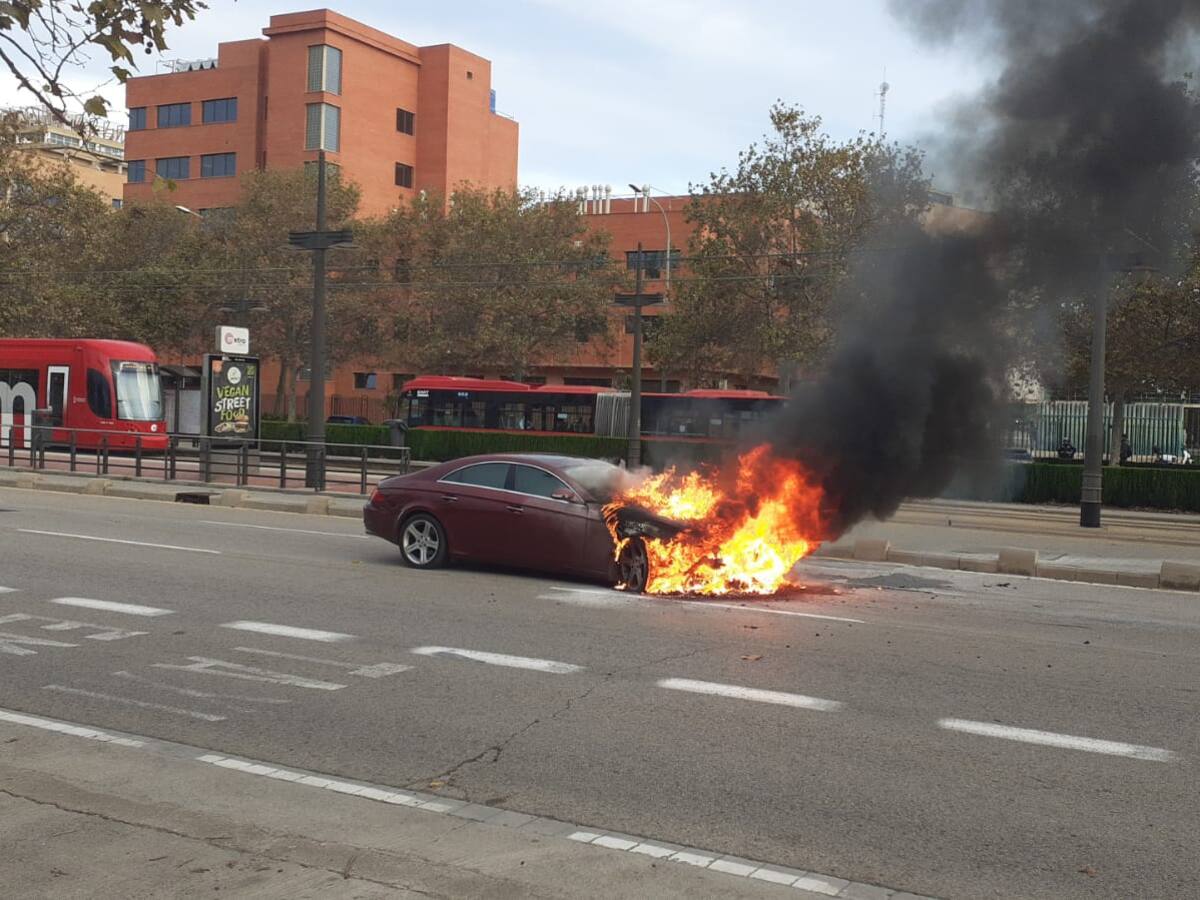 Un coche se incendia en la avenida Tarongers de València y acaba calcinado
