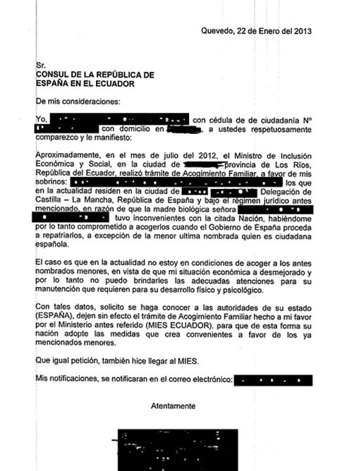 Comunicación al consulado español en Ecuador