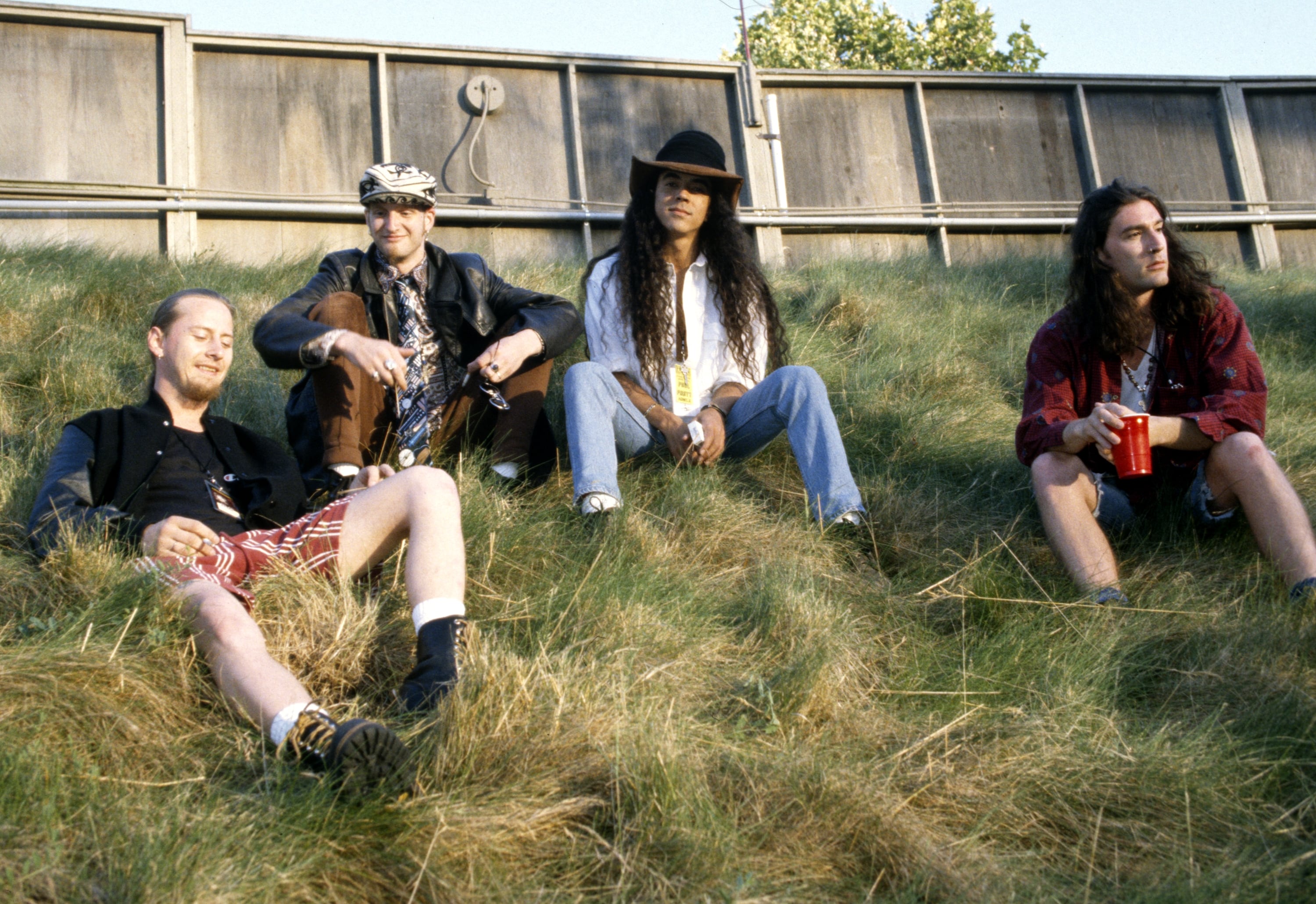 MOUNTAIN VIEW, CA - JUNE 23: (L - R) Jerry Cantrell, Layne Staley, Mike Inez, and Sean Kinney of Alice in Chains pose at Lollapalooza 1993 at Shoreline Amphitheatre on June 23, 1993 in Mountain View, California. (Photo by Tim Mosenfelder/Getty Images)