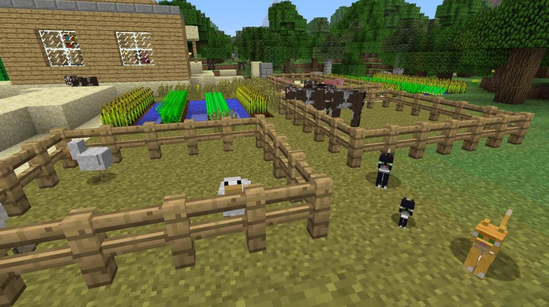 Un grupo de gatos en una granja de Minecraft.