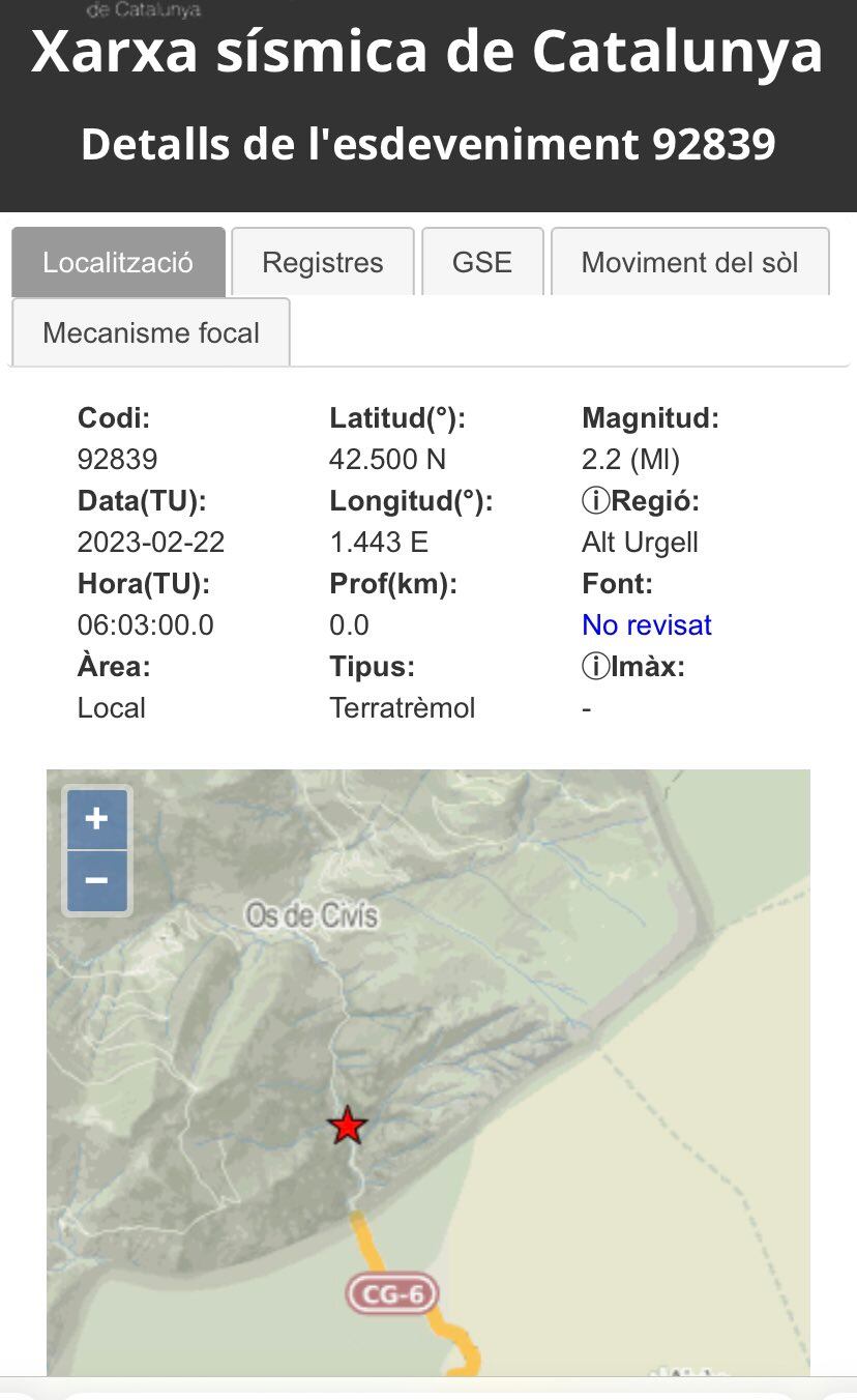 Mapa de localització del petit terratrèmol d'aquest matí a Andorra de la xarxa sísmica de Catalunya.
