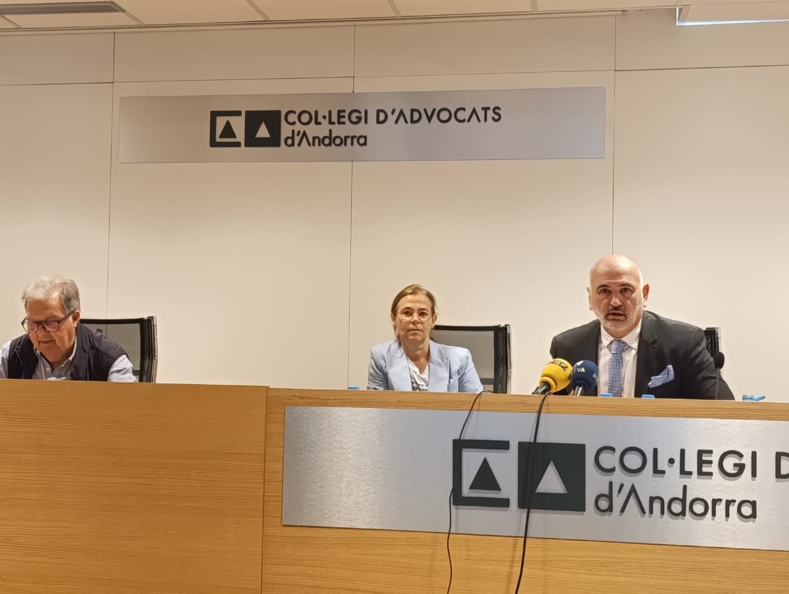 La degana del Col·legi d'Advocats, Sònia Baixent, i el vicedegà, Miquel Bellera, durant la roda de premsa d'aquest dimecres.