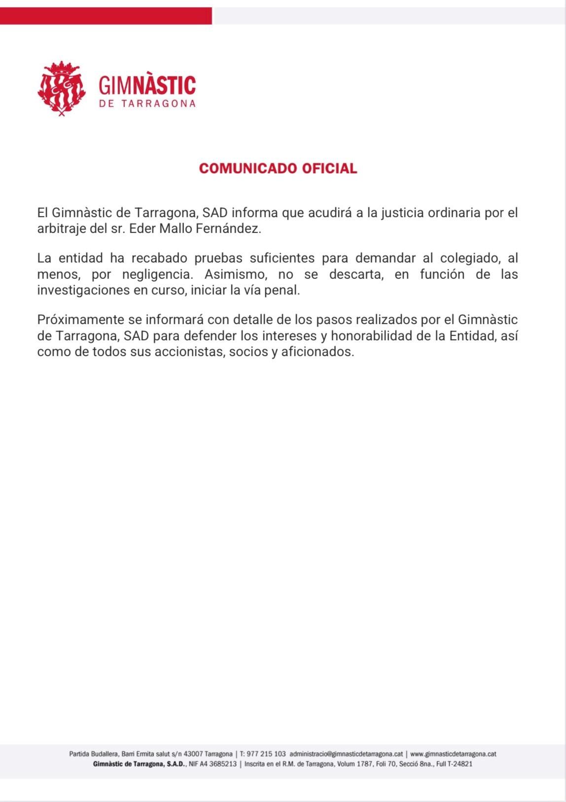 El Nàstic de Tarragona demandará al árbitro del partido contra el Málaga