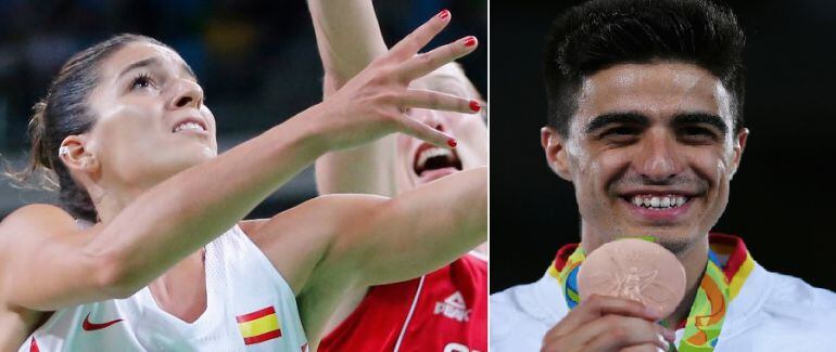 Marta Xargay en una acció del partit contra Sèrbia i Joel González ja amb la medalla a les mans.