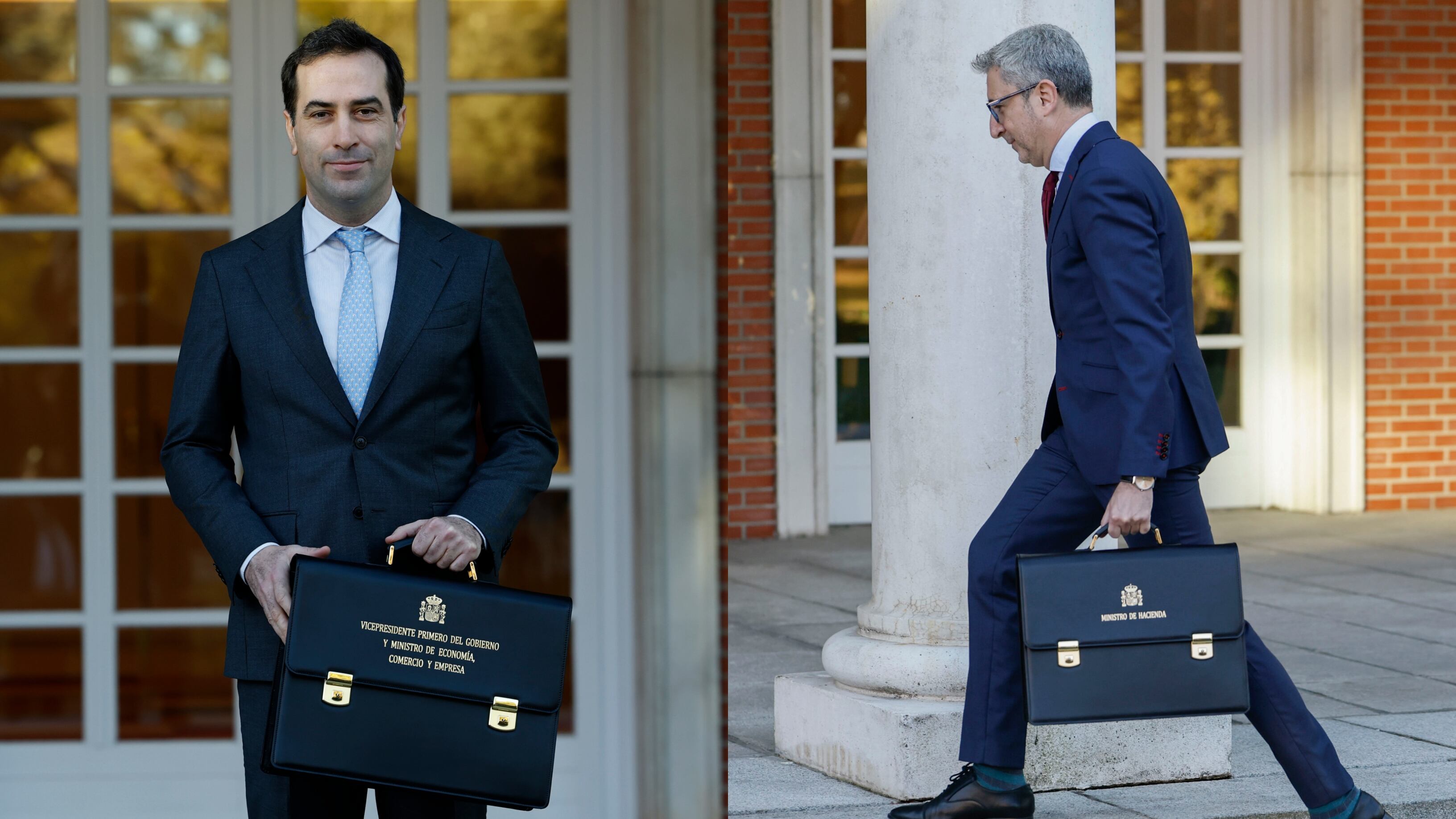 Carlos Cuerpo y Arcadi España a su llegada al Consejo de Ministros este martes