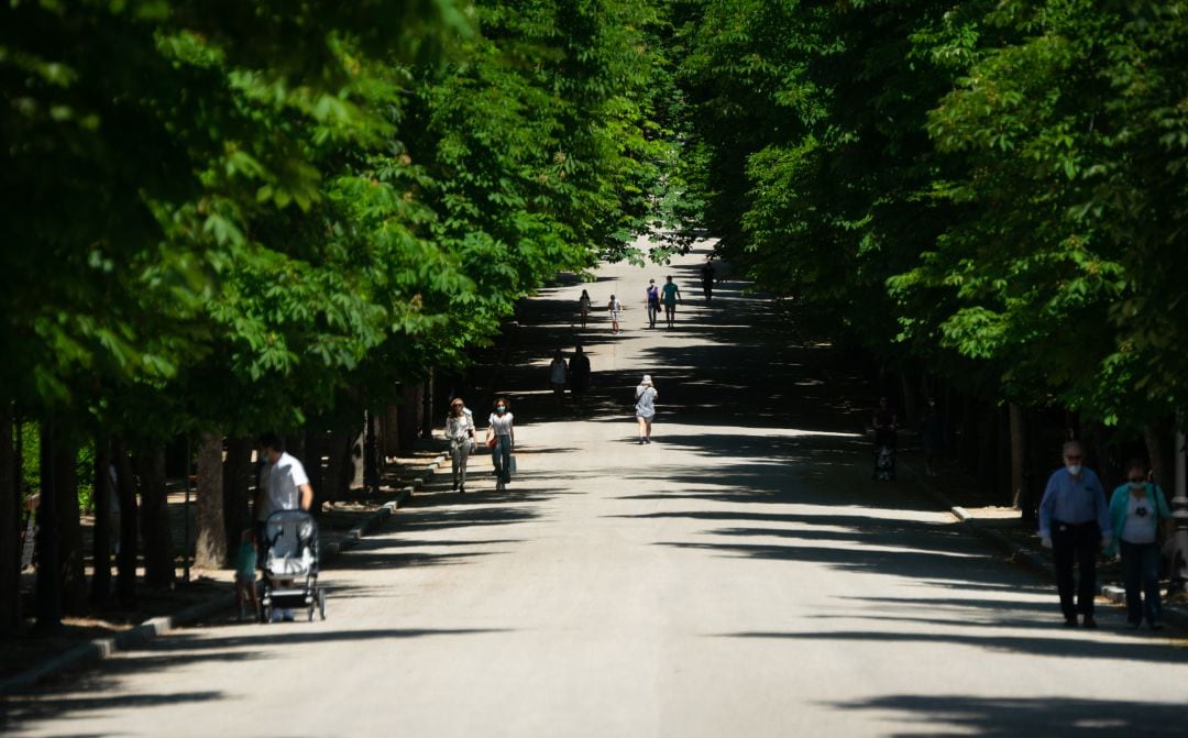 Varias personas pasean por el parque de El Retiro. 