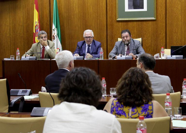 José Sánchez Maldonado, en el centro de la mesa, durante su intervención parlamentaria en la que anunció la inversión para las instalaciones de la ITV en Algeciras.