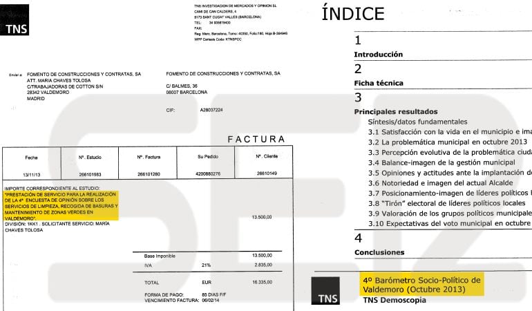 A la izquierda, 4º Barómetro electoral Valdemoro 2013, abonado por FCC bajo un aparente estudio de los servicios de limpieza en la actualidad. A la derecha, encuesta electoral que se hizo para el PP de Valdemoro con el dinero de FCC.