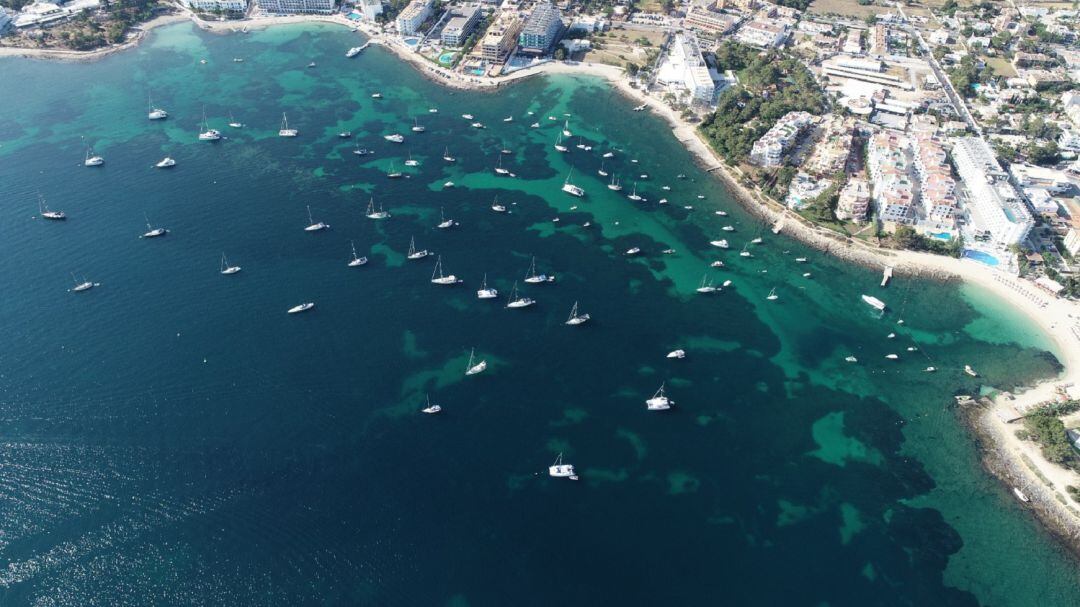 Vista aérea de la Bahía de Portmany tras la limpieza