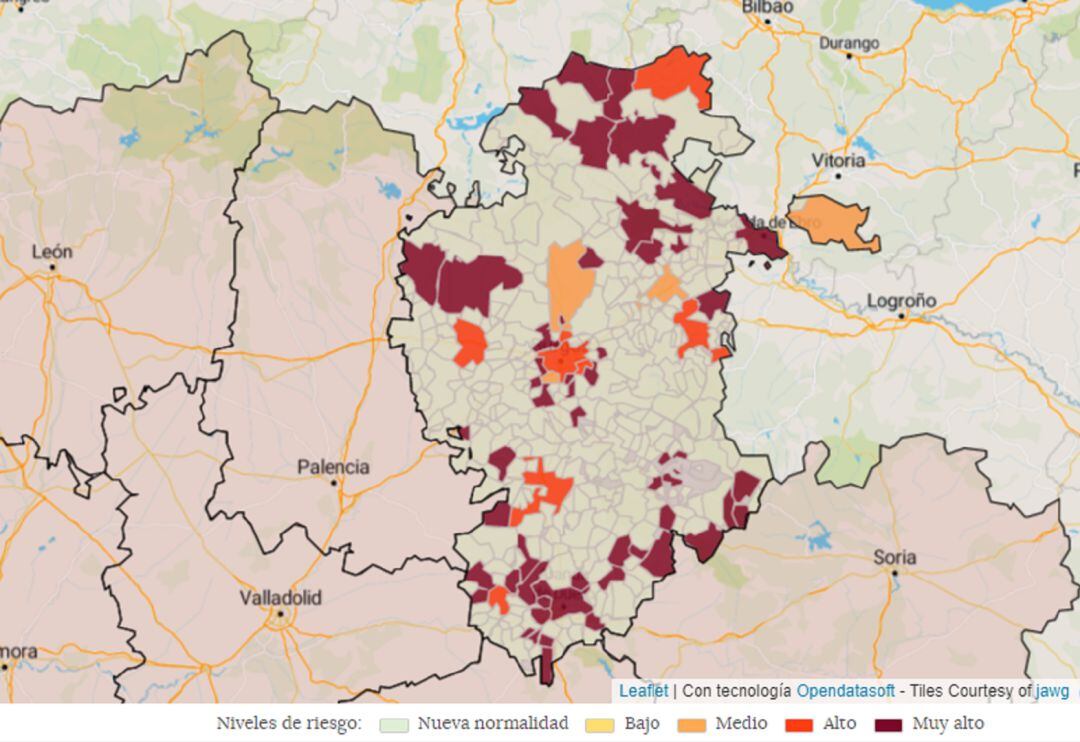 Mapa de los municipios de la provincia de Burgos en los que han aparecido nuevos casos covid en los últimos siete días