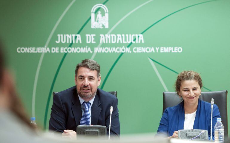 GRA319. SEVILLA, 13/05/2015.- La directora general de Industria, Energía y Minas, María José Asensio (d), junto al secretario general de Industria y Energía, Vicente Fernández , durante la rueda de prensa ofrecida hoy en Sevilla donde han dicho que la Junta de Andalucía confía en que se archivará el proceso judicial abierto sobre presuntas irregularidades en la adjudicación de la mina de Aznalcóllar y han puesto la &quot;mano en el fuego&quot; sobre la &quot;limpieza&quot; del caso.EFE/ Raúl Caro