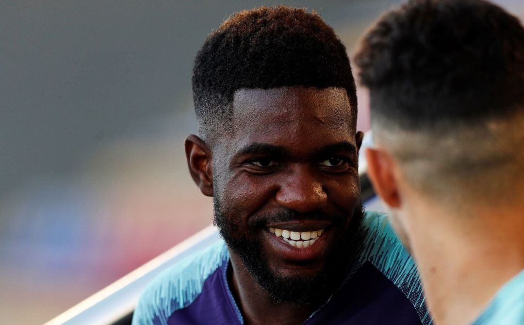 Umtiti amb Dembelé, en un entrenament del passat dimarts