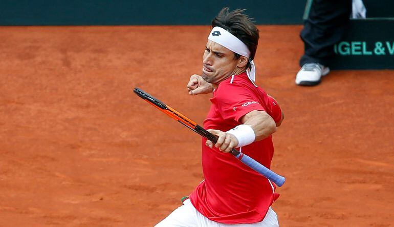 David Ferrer celebra el primer set durante el último partido de la eliminatoria España-Alemania 