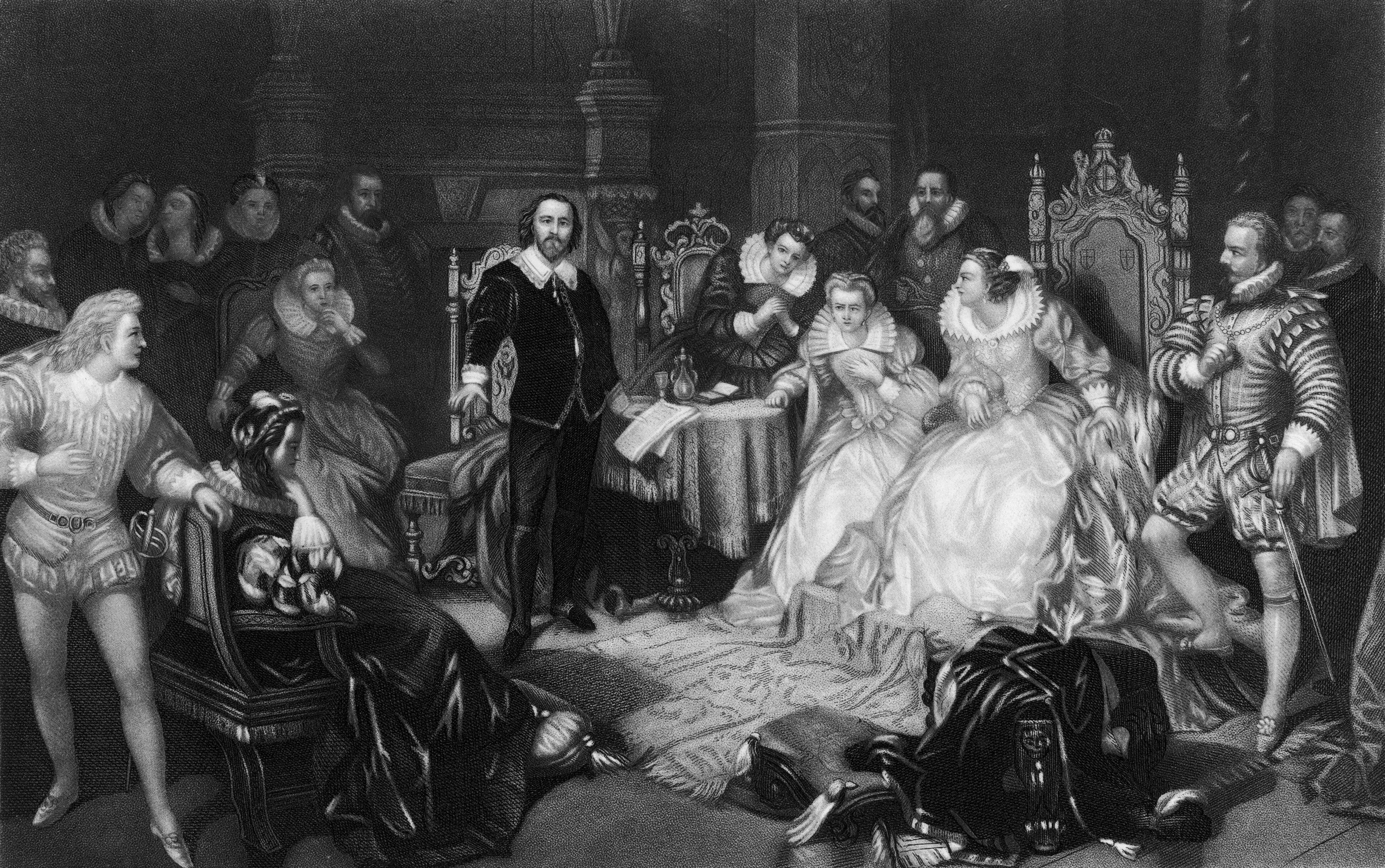 Circa 1600, William Shakespeare (1564-1616). English dramatist and poet. Born and spent his early life in Stratford-upon-Avon. Established in London as actor and playwright by 1592. Engraving depicts Shakespeare reciting a work before the court of Elizabeth I. (Photo by Archive Photos/Getty Images)