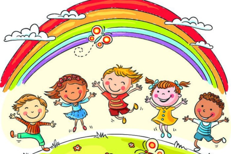 Ilustración de un grupo de niños en un prado rodeados de un arcoiris.