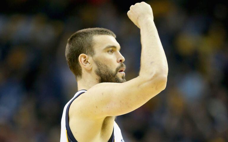 MEMPHIS, TN - MAY 09: Marc Gasol #33 of the Memphis Grizzlies celebrates after making a basket against the Golden State Warriors during Game three of the Western Conference Semifinals of the 2015 NBA Playoffs at FedExForum on May 9, 2015 in Memphis, Tenne