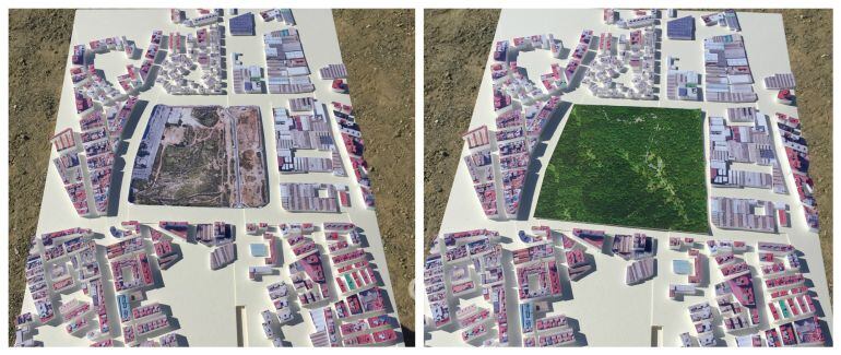 Maqueta realizada por el Bosque Urbano con los terrenos de Repsol como se encuentran actualmente a la izquierda y la recreación de una zona verde en toda la parcela a la derecha