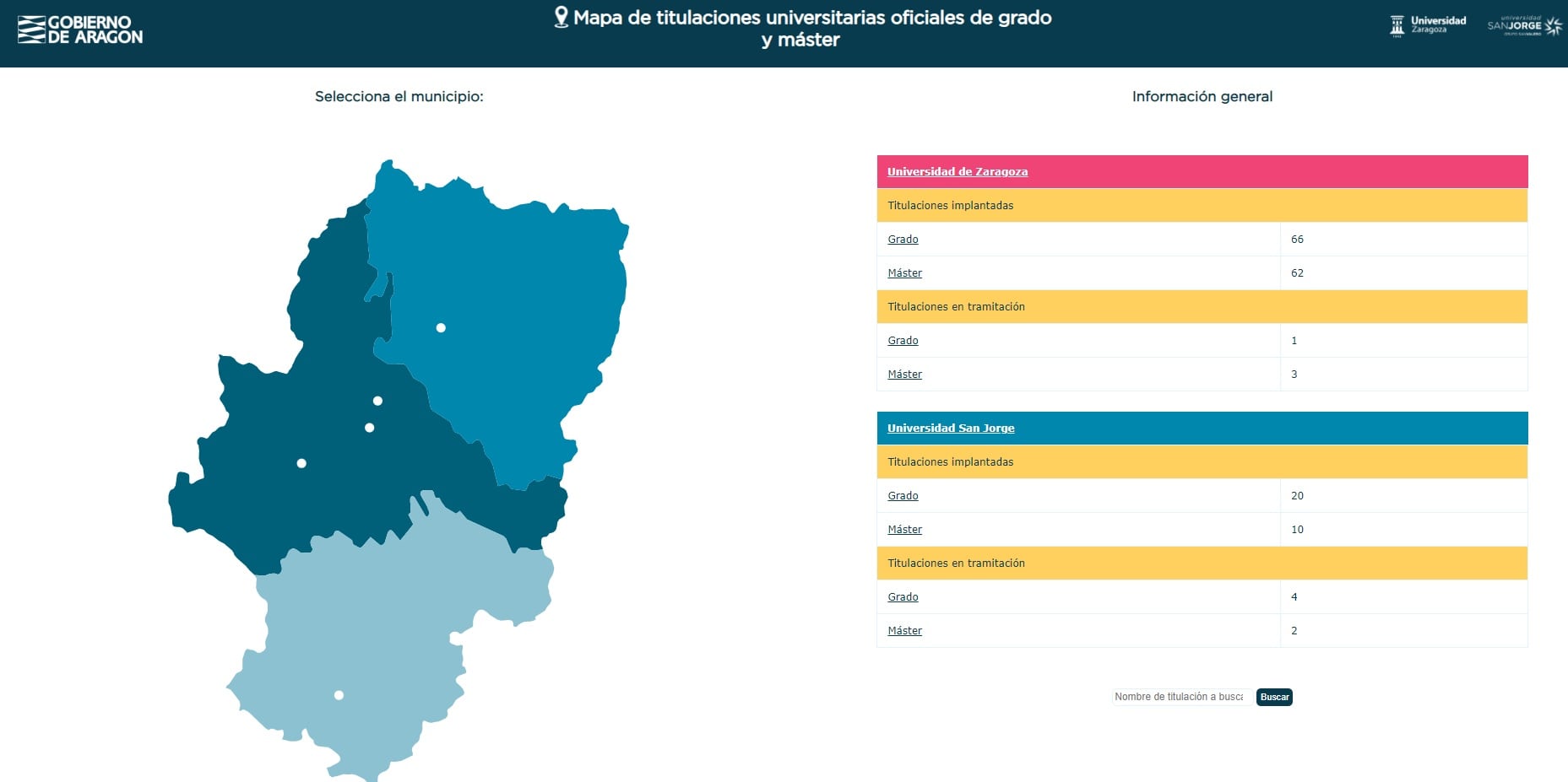 Mapa de titulaciones universitarias oficiales de grado y máster en Aragón