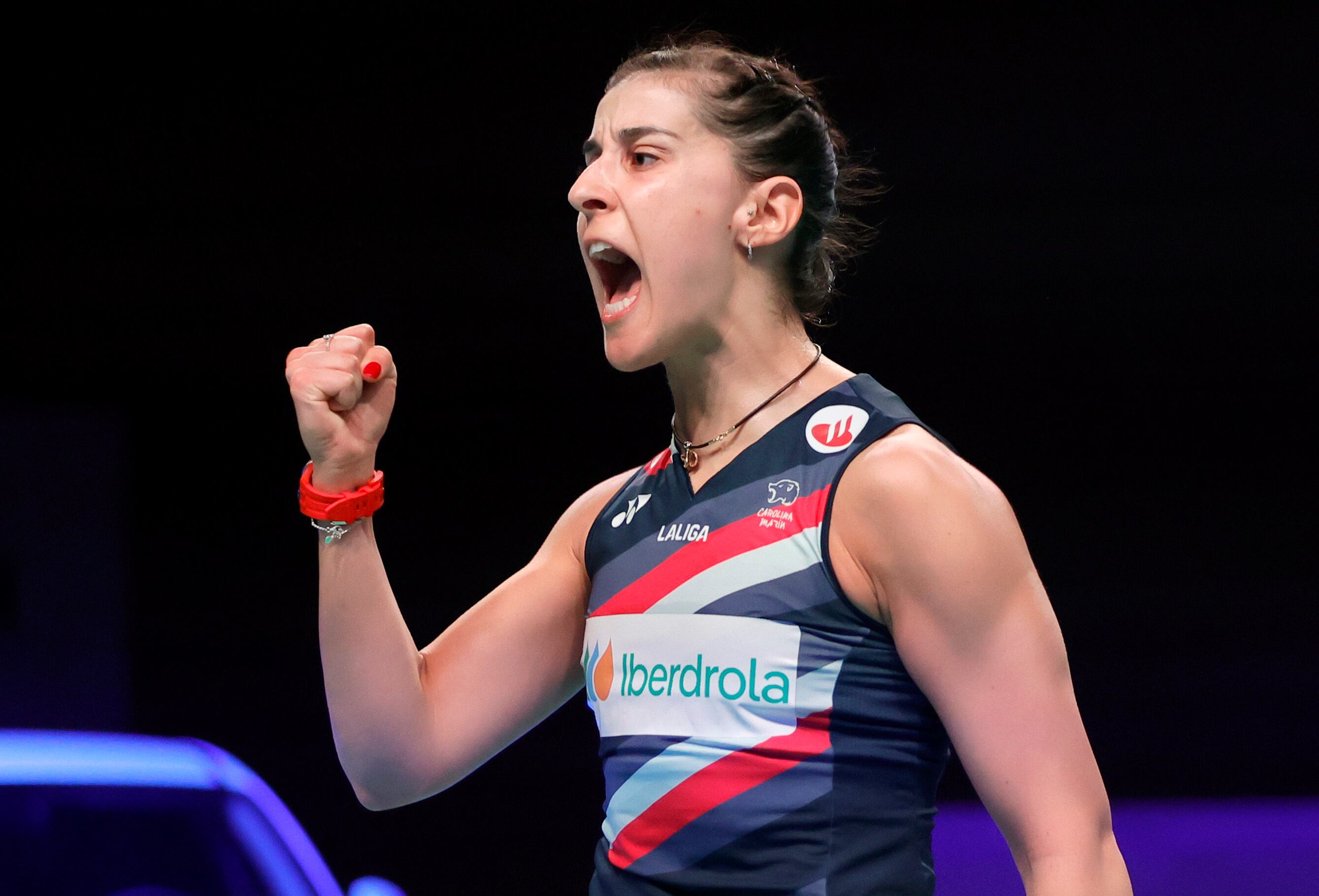 Saarbruecken (Germany), 14/04/2024.- Carolina Marin of Spain reacts during her final match against Kirsty Gilmour of Scotland at the Badminton European Championships 2024 in Saarbruecken, Germany, 14 April 2024. (Alemania, España) EFE/EPA/RONALD WITTEK
