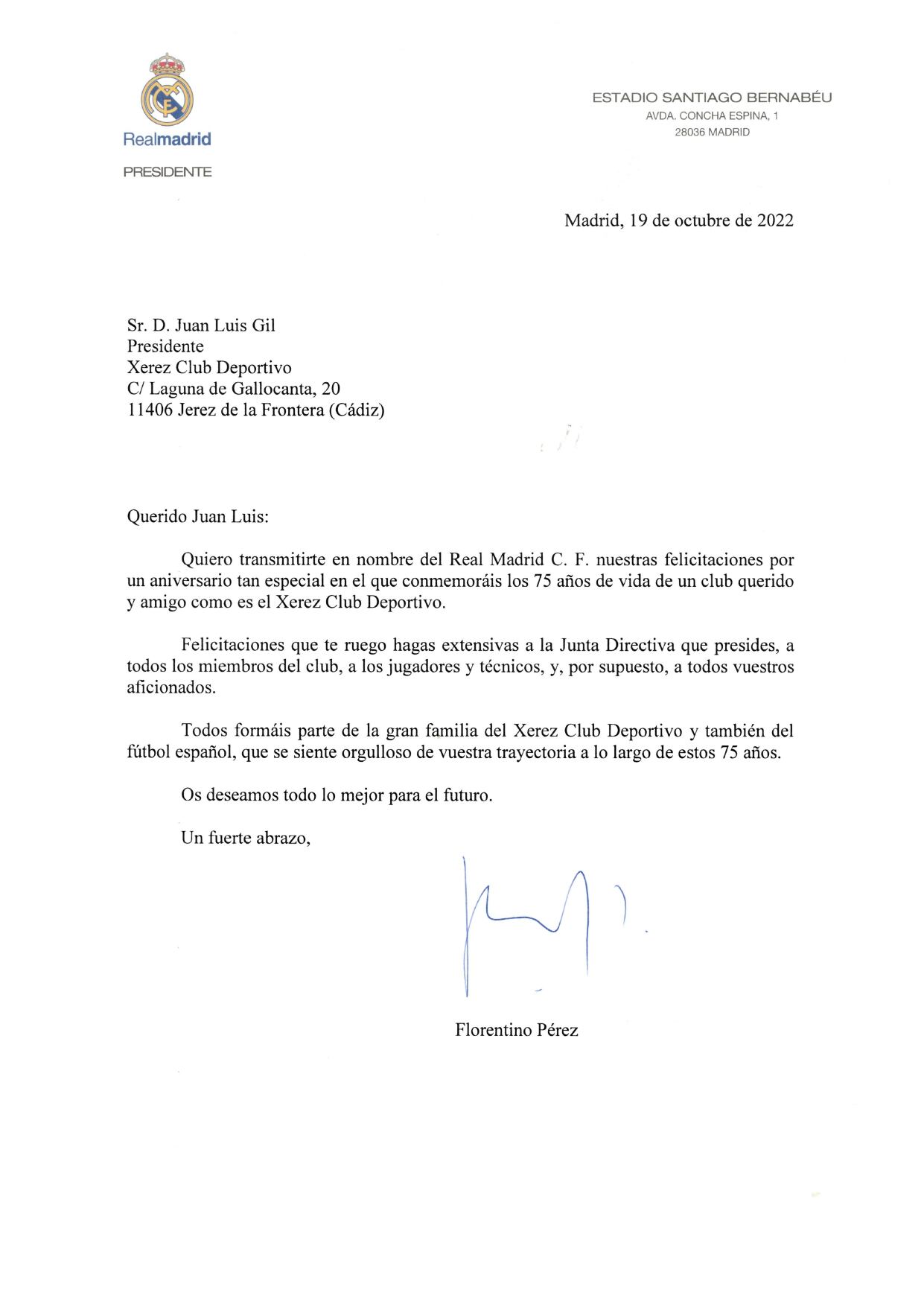 Carta del Real Madrid firmada por Florentino Pérez felicitando al Xerez CD