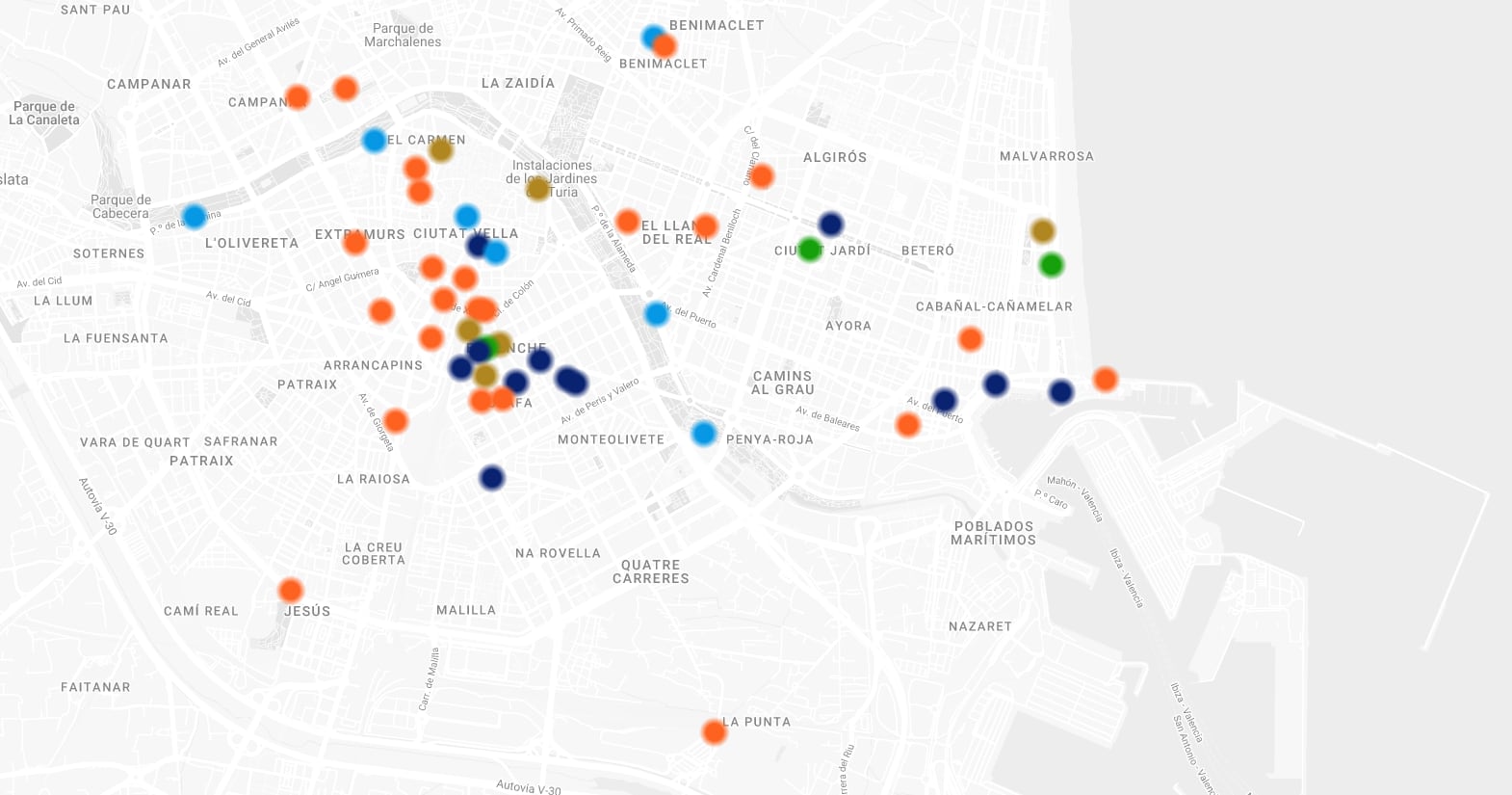 Mapa de València con los espacios urbanos musicales que permite geolocalizar la nueva aplicación &quot;Valencia Music Map&quot;