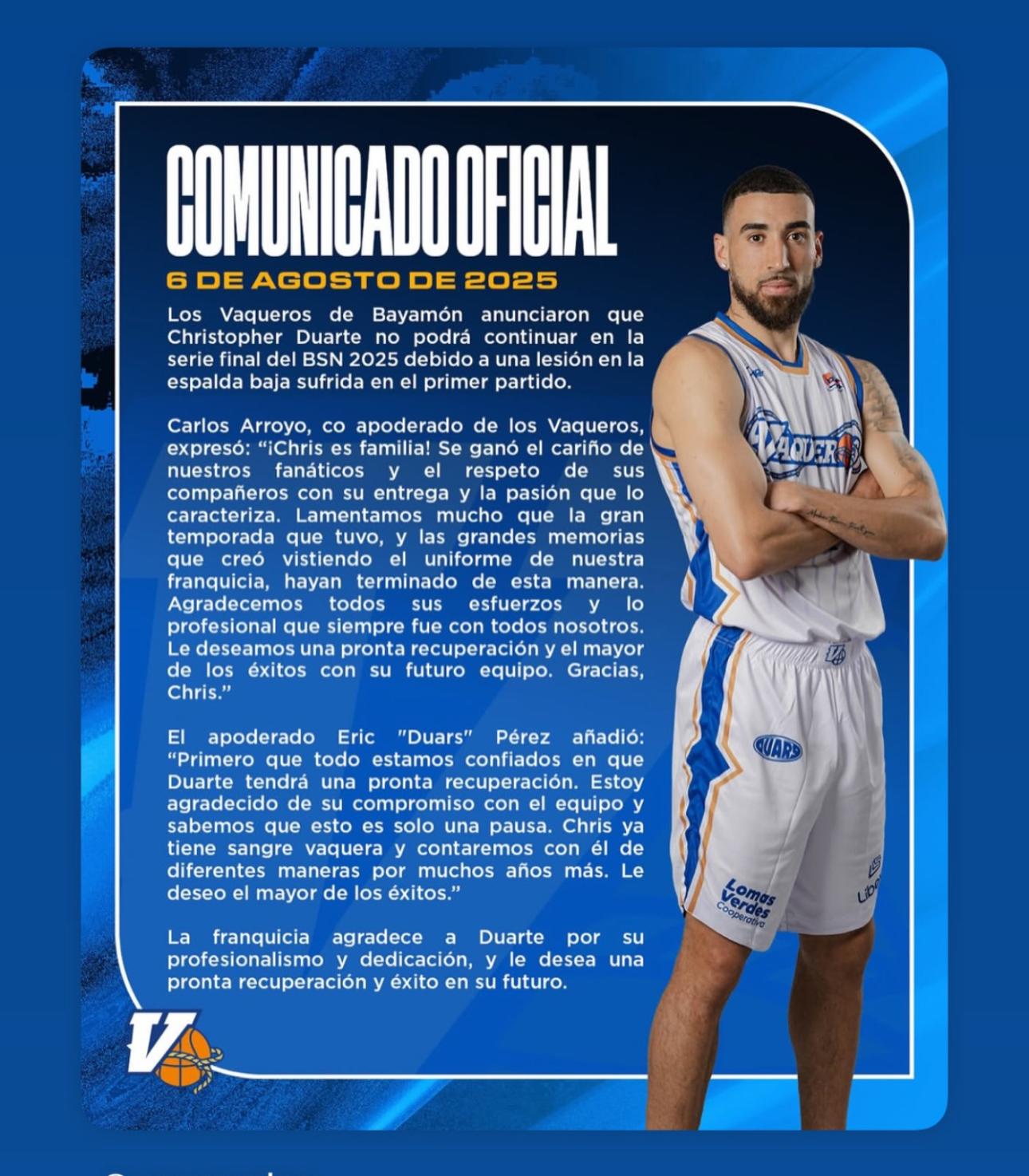 Comunicado del Vaqueros de Bayamón