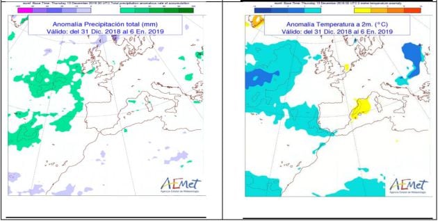 Precipitaciones y temperaturas previstas del 31 de diciembre al 6 de enero.