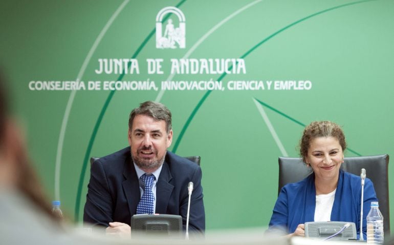 GRA319. SEVILLA, 13/05/2015.- La directora general de Industria, Energía y Minas, María José Asensio (d), junto al secretario general de Industria y Energía, Vicente Fernández , durante la rueda de prensa ofrecida hoy en Sevilla donde han dicho que la Jun