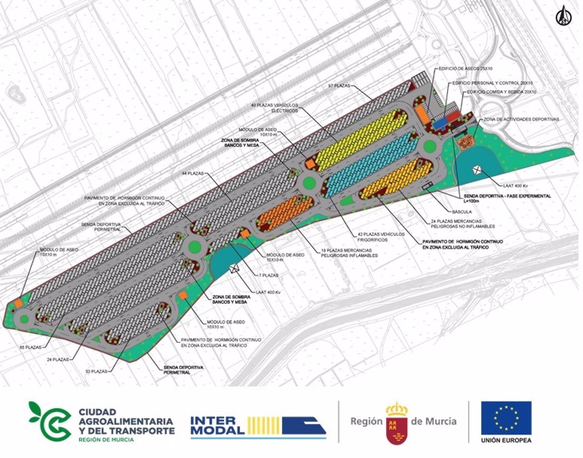 Planta del área de estacionamiento de la Ciudad Agroalimentaria y del Transporte de la Región de Murcia