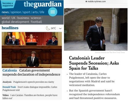 Cobertura del 10-O en las portadas de las ediciones digitales del diario británico &#039;The Guardian&#039; y el estadounidense &#039;The New York Times&#039; (derecha)