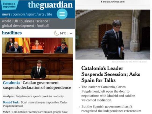 Cobertura del 10-O en las portadas de las ediciones digitales del diario británico 'The Guardian' y el estadounidense 'The New York Times' (derecha)