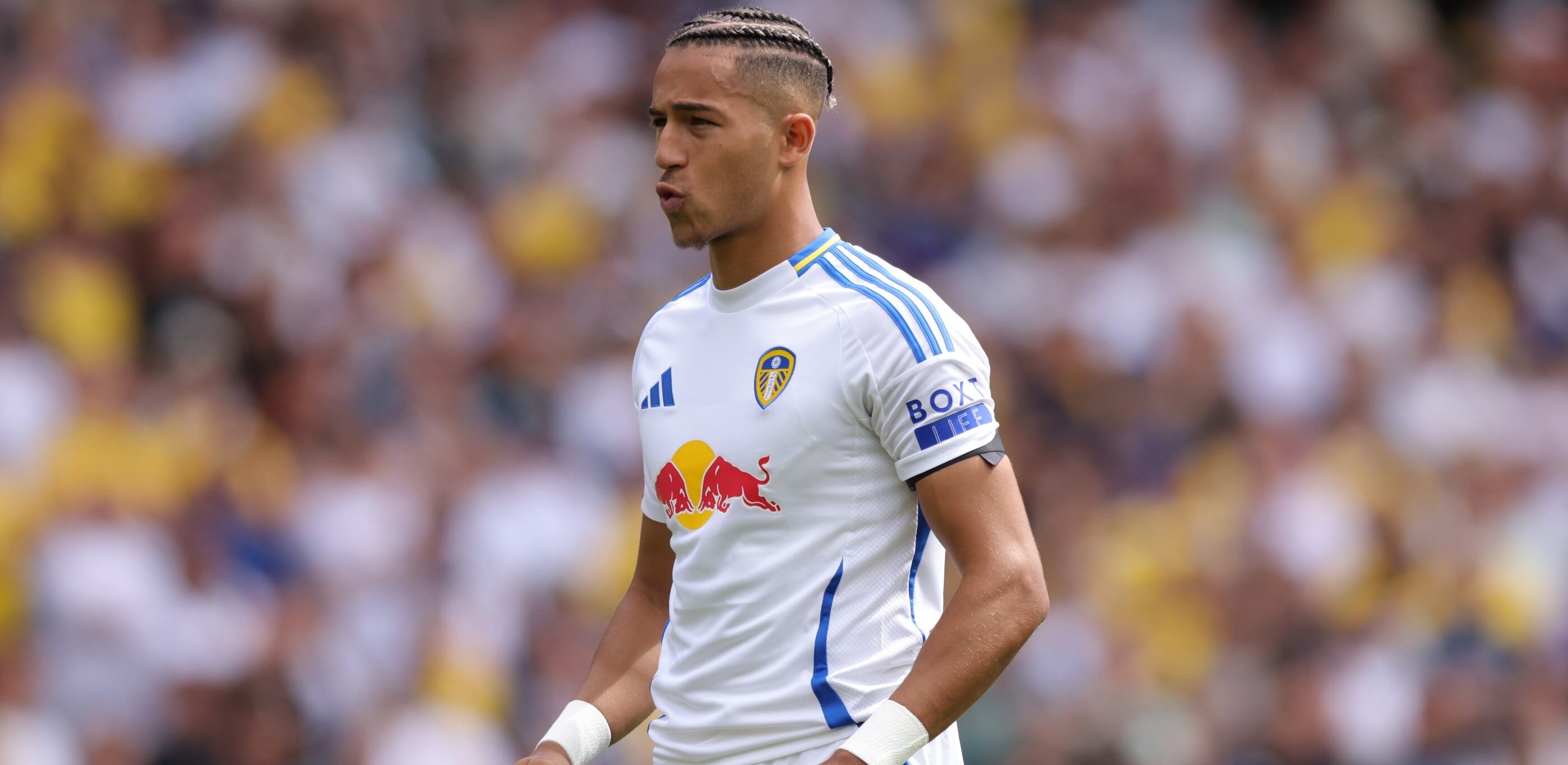 LEEDS, ENGLAND - AUGUST 10: Mateo Joseph of Leeds United during the Sky Bet Championship match between Leeds United FC and Portsmouth FC at Elland Road on August 10, 2024 in Leeds, England. (Photo by Gary Oakley/Getty Images)