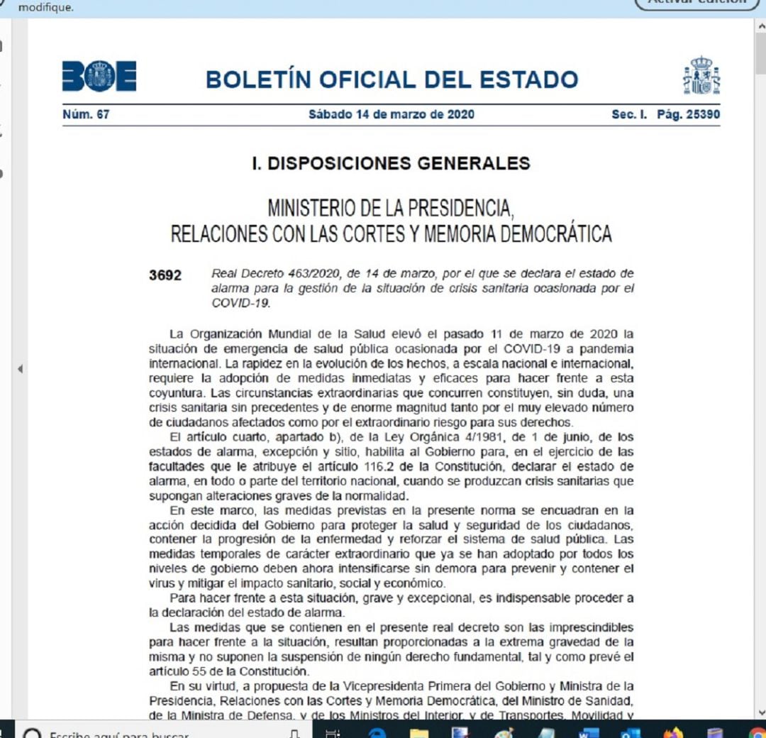 Real Decreto por el que se declara el estado de alarma para la gestión de la situación de crisis sanitaria ocasionada por el COVID-19.