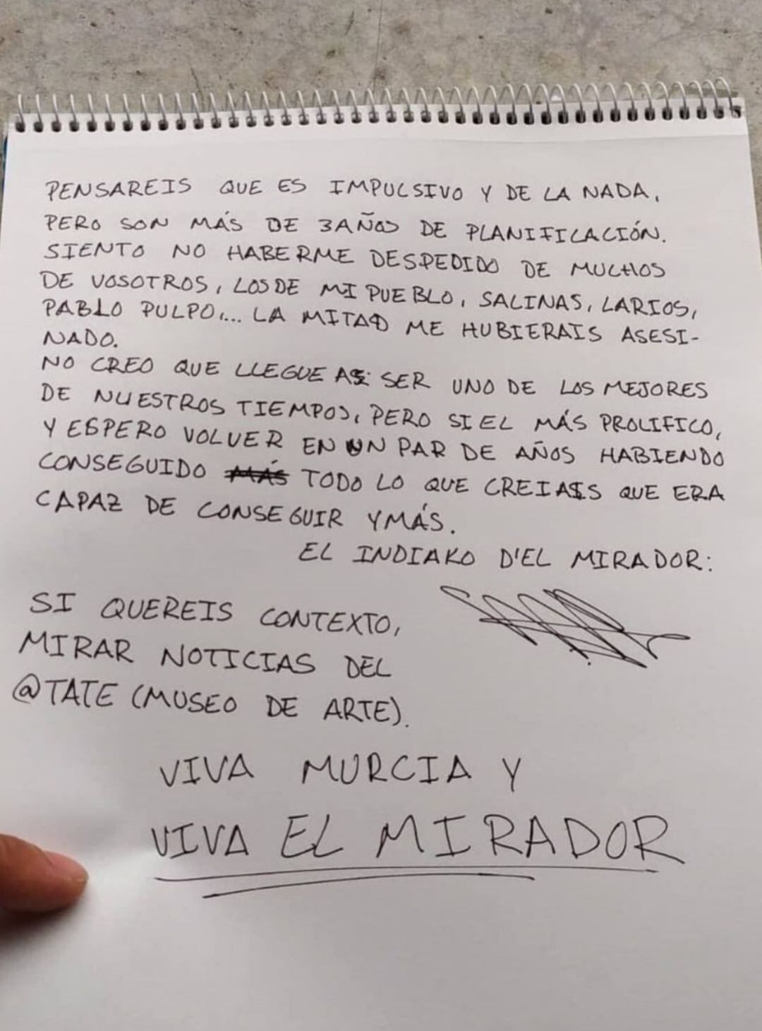 Carta publicada en Instagram por el presunto atacante.