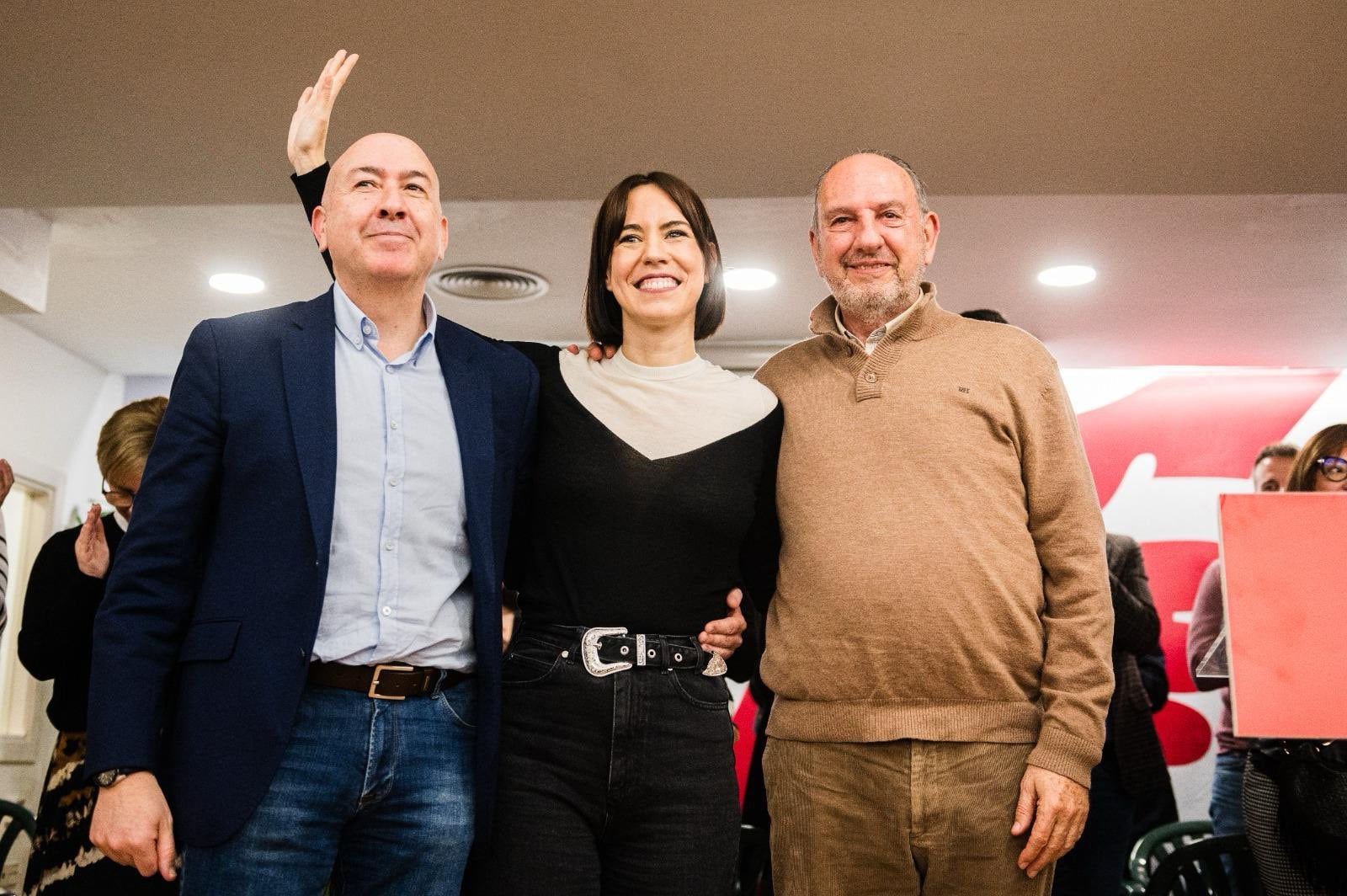 Diana Morant junto a Alejandro Soler y Miguel Millana, en la sede de UGT en Alicante