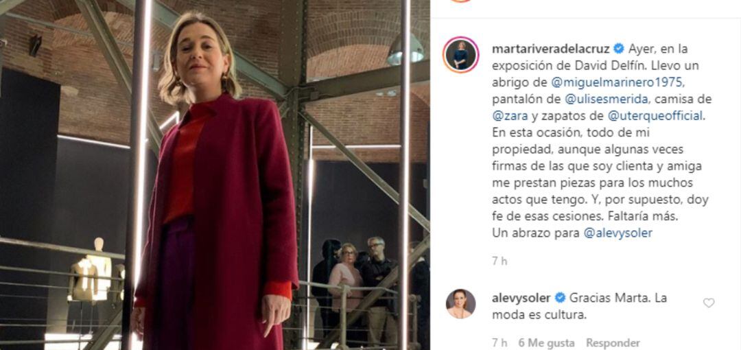 Captura de la publicación de Instagram de la consejera de Cultura en la que apoya a Levy y defiende el préstamo de ropa a políticos.